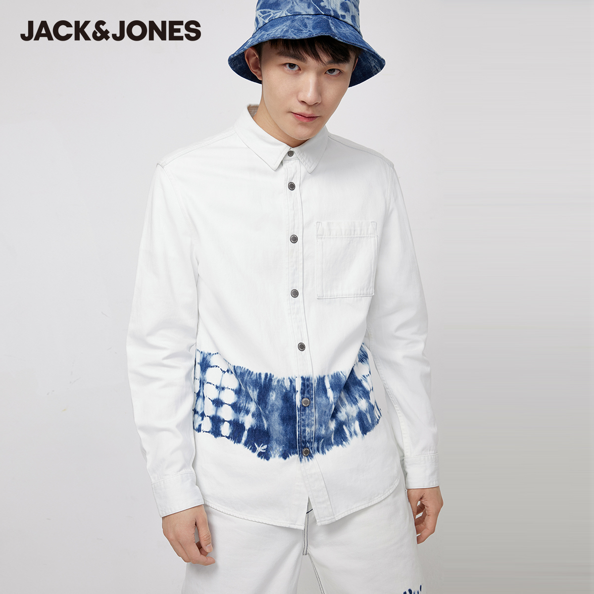 JackJones Men's Cotton Tie-dyed Slim Fit Turn-down Collar Denim Shirt|220205508