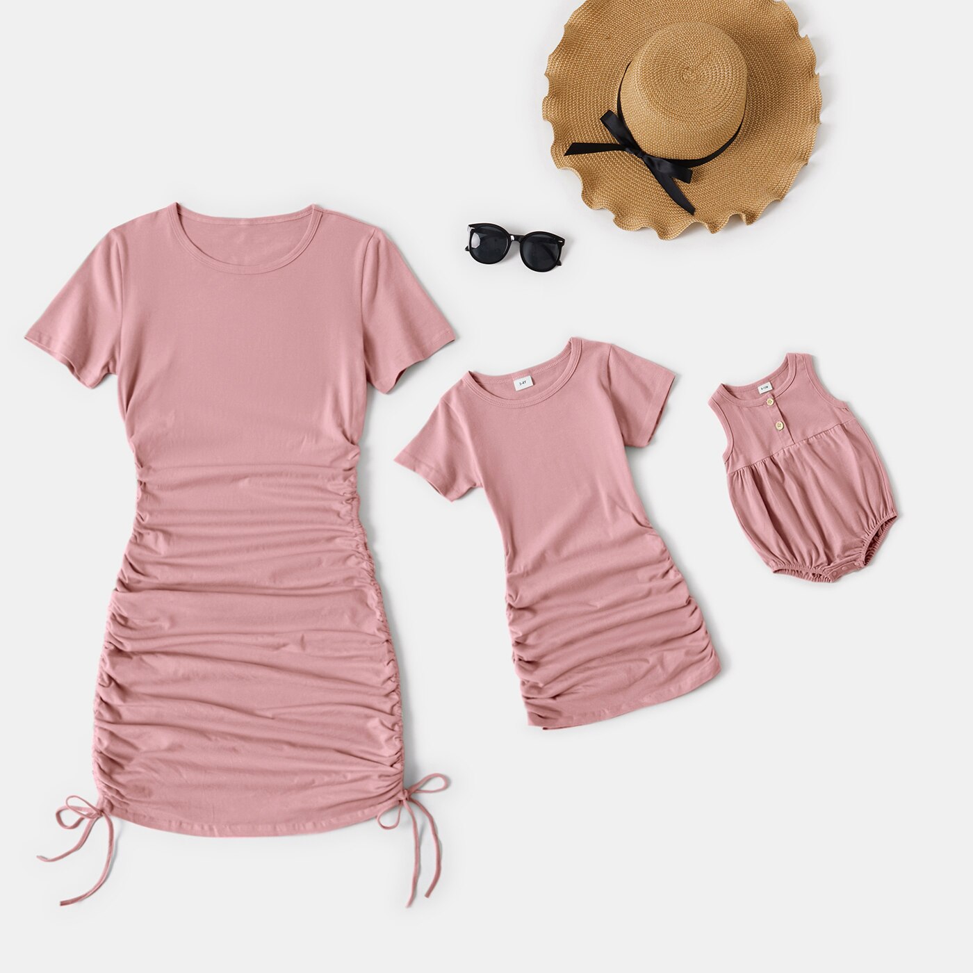 PatPat-Light-Green-Solid-DraAwstring-Design-Cotton-Short-Sleeve-Mini-Dresses-for-Mommy-and-Me-3