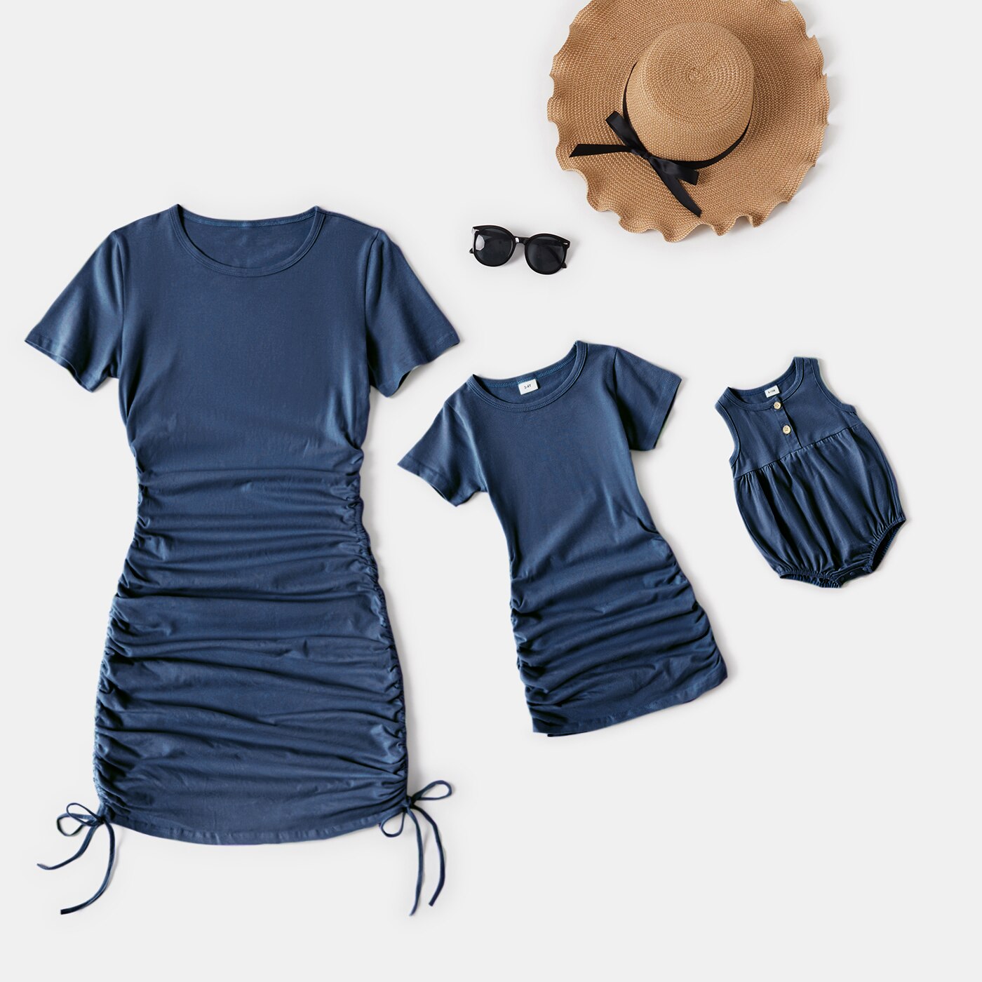 PatPat-Light-Green-Solid-DraAwstring-Design-Cotton-Short-Sleeve-Mini-Dresses-for-Mommy-and-Me-4