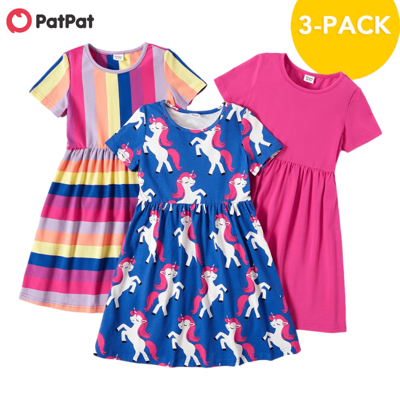 PatPat-New-Arrival-Summer-2021-3-piece-Unicorn-Allover-Striped-Print-Solid-Dresses-Children-s-Clothing
