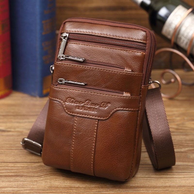 Fashion New style Men Genuine Leather Waist Bag Cell/Mobile Phone Coin Purse Pocket Belt Military Male Crossbody Shoulder Bag