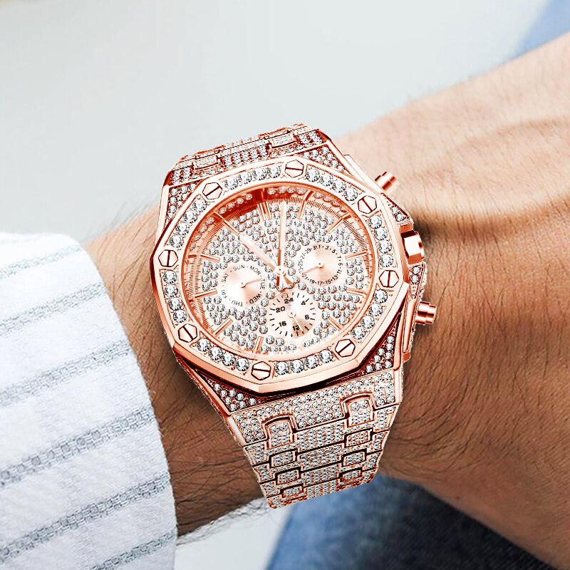 MISSFOX Man Watces Luxury Brand CZ Stone Bling Watch Fashion Stainless Steel Square Waterproof Quartz Clock For Male Gift 2020